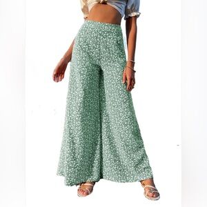 Ultra Wide Leg Pants Boho Ditsy Floral Green White Zipper Fly High Waist Size XS